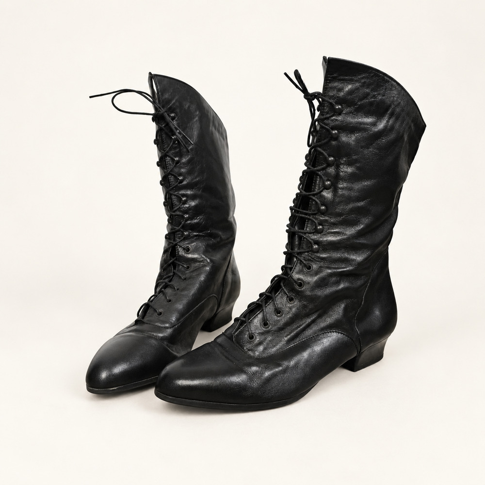 Vintage Black Leather Lace Up Victorian Granny Boots EU 40 US 9 Elisa S